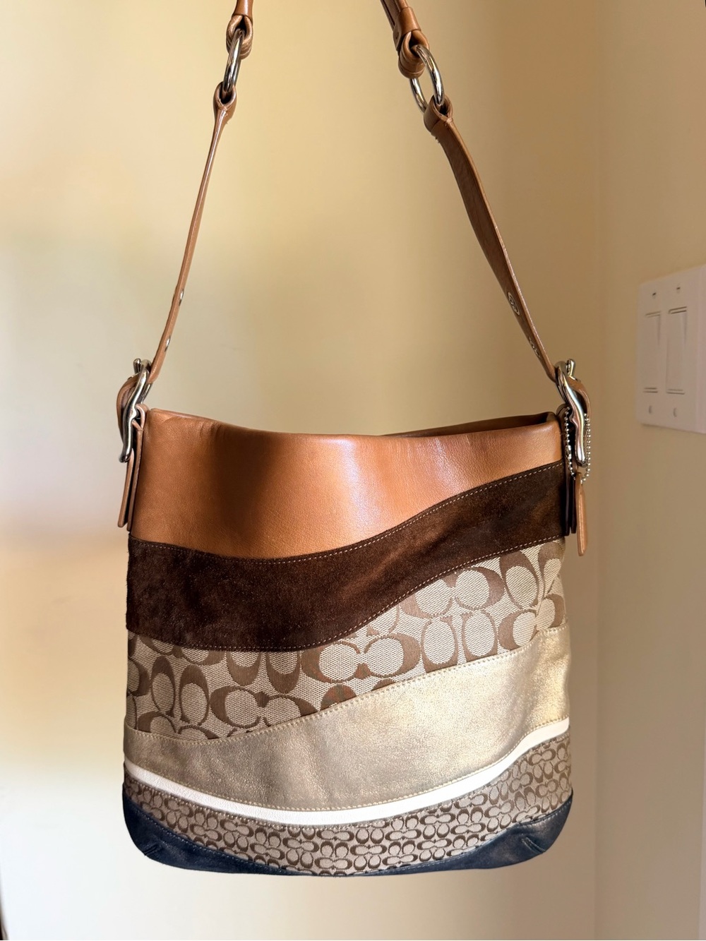 RARE Coach Signature Wave Duffle Patchwork Hobo Bag